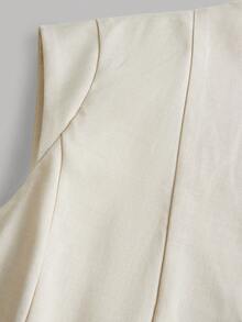 少女优雅金属扣装饰短袖西装衬衫和阔腿裤通勤套装，通勤装，圆领上衣和直筒裤套装，亚麻套装，女童裤装衬衫套装，青少年阔腿裤和上衣两件套裤装，女童裤装两件套，优雅裤装，女士裤装背心套装 - 杏色 - 查看 10