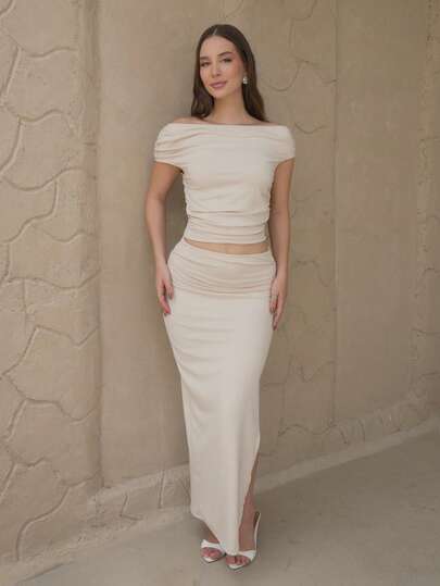 Duda Rubert 女性不對稱領口不對稱褶皺上衣+低腰褶皺高衩粉色純色裙裝套裝，適用於夏季