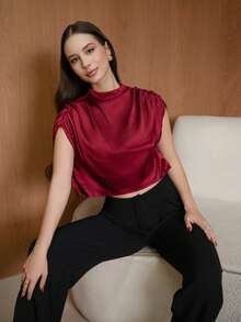 Duda Rubert 女士优雅通勤纯色领子褶皱下摆衬衫 - 酒紅色 - 查看 4