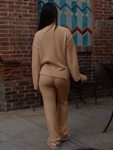 Andrea Bello Women's Solid Color Drop Shoulder Long Sleeve Sweater And Knitted Pants Casual 2 Pieces Set, Autumn/Winter - Khaki - View 2