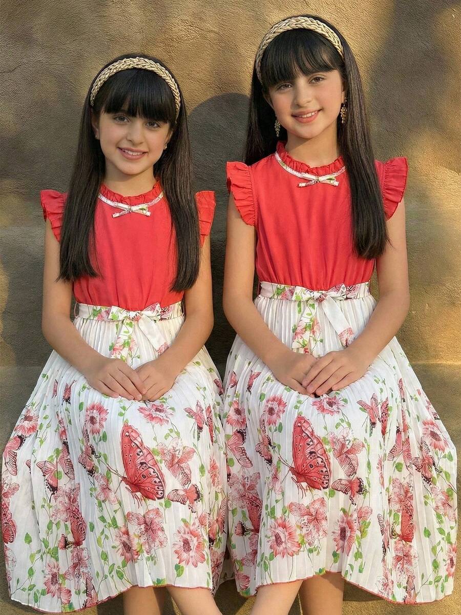 Sparklyn Tween Girls Elegant Vacation Bow Print Pleated Dress - Red - View 1