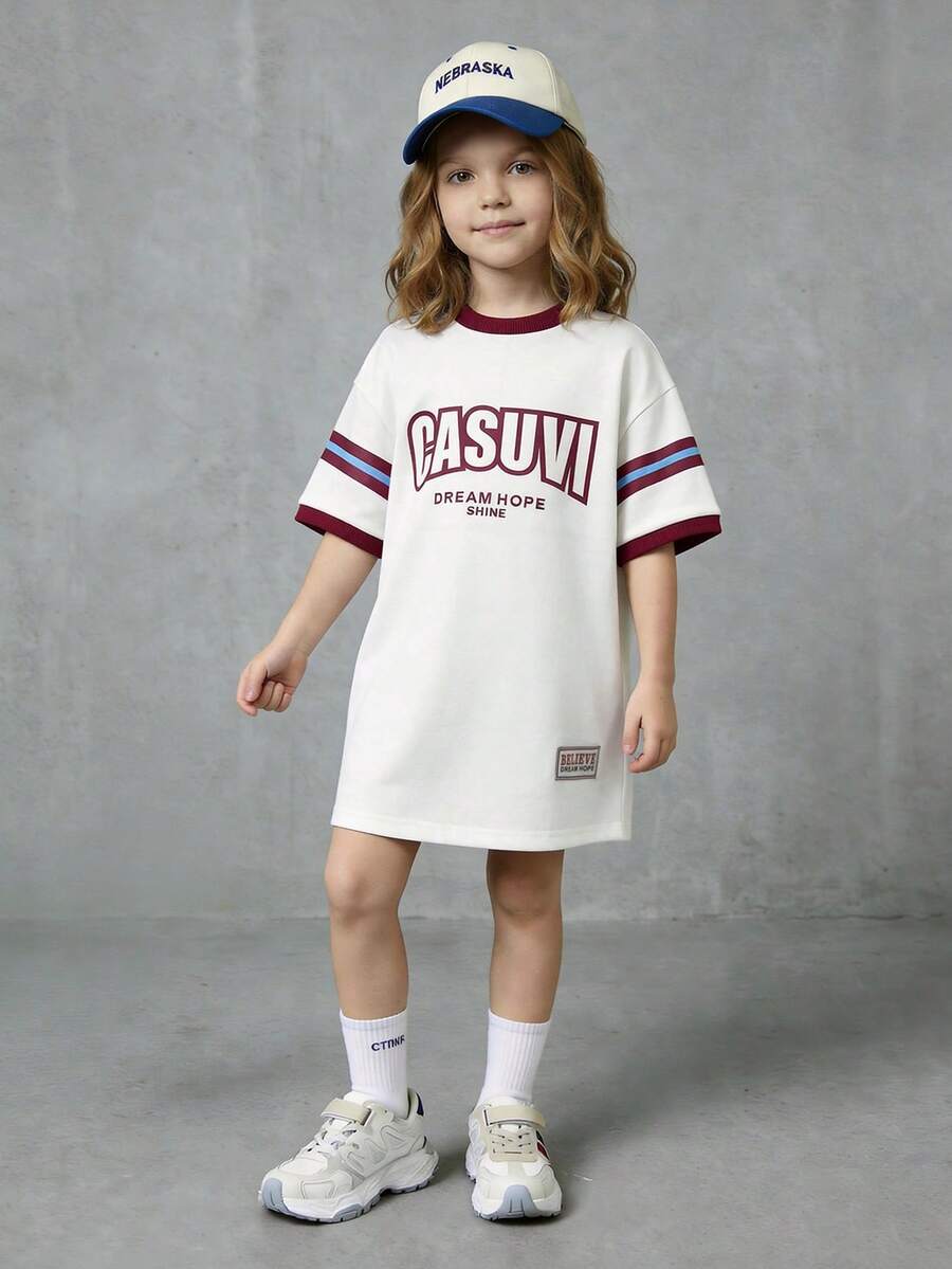 SHEIN Casuvi Kids Casuvi Young Girl Casual Striped Letter Print Knit Dress, Loose Fit Short Sleeve Round Neck Contrast Color Splice Knit Dress, Suitable For Outings, Home, Leisure Daily Wear, Spring/Summer - Beige - View 1