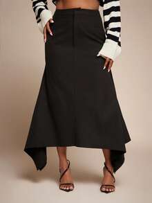 Vixey Slight Stretch High Waist Asymmetrical Hem Office Skirt - Black - View 1