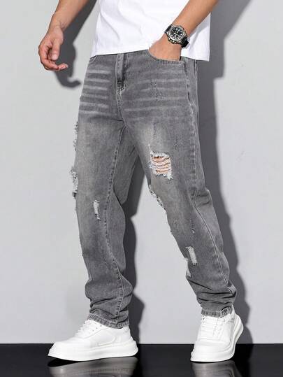 Homme Jeans casuales rectos y sueltos con bolsillos y rotos, estilo emo para hombres