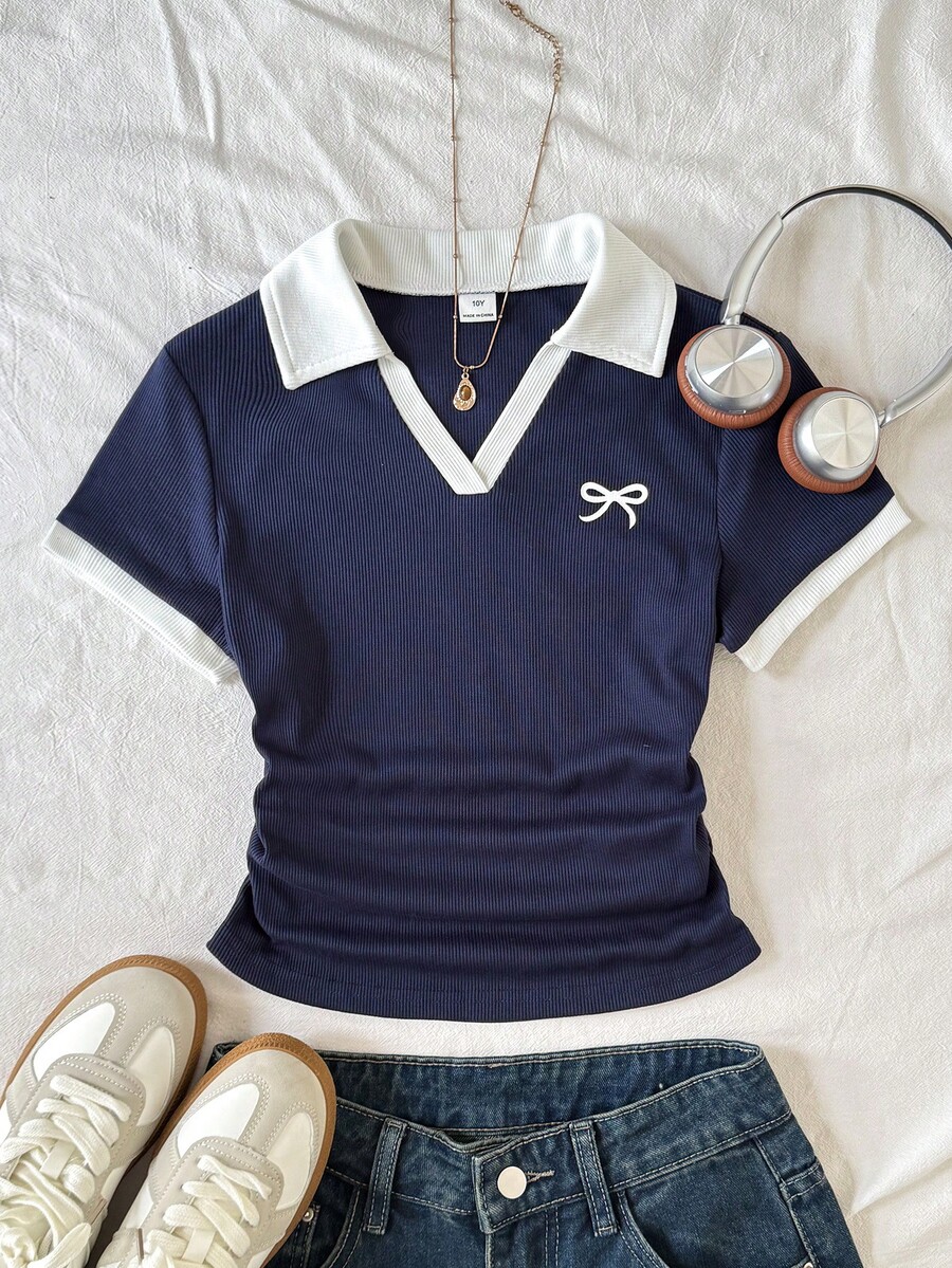 SHEIN 少女撞色蝴蝶结印花短袖V领撞色领休闲T恤 - 藏蓝色 - 查看 1