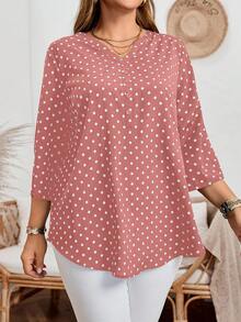 Rosumi 大码女式休闲波点印花翻领卷袖秋季衬衫 - 粉色 - 查看 5