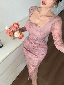 DAZY 春夏碎花透视网纱高开衩修身中长连衣裙，优雅百搭，适合情人节、婚礼、派对、通勤等场合。 - 粉色 - 查看 9