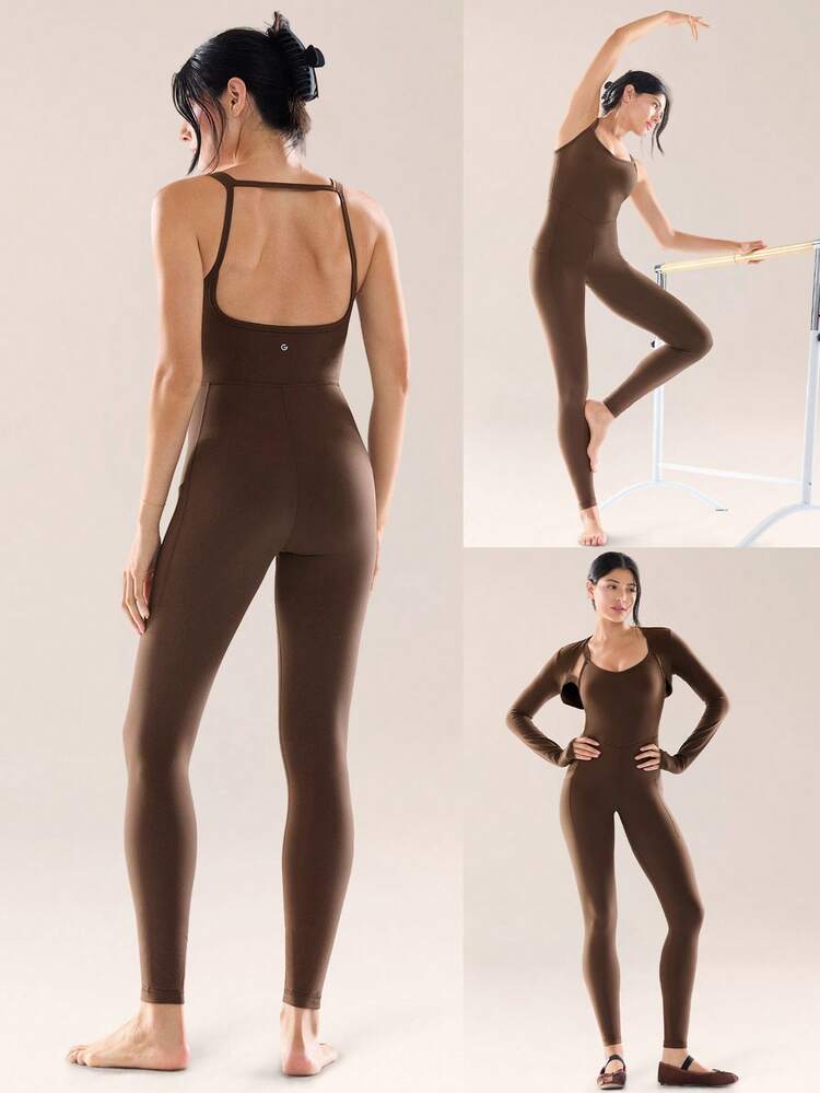 24" FeatherFit™-Air Feel Good Moves Buttery-Soft Stretchy Sweat-Wicking Removable Cups Side Pockets Open-Back Bodysuit Low Impact Yoga Pilates Gym Studio Daily Casual Wear