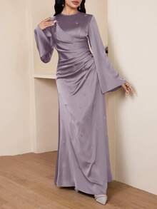 Veilorie Women's Solid Color Pleated Elegant Cinched Waist Dress, Suitable For Dates And Parties - Mauve Purple - View 7