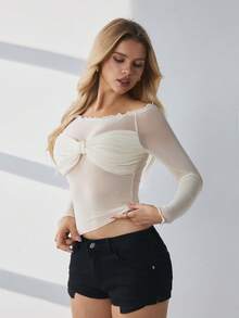 SHEIN Women's Solid Color Twist Design Mesh Raglan Sleeve Loungewear Top - White - View 4