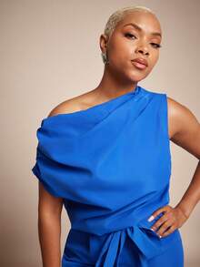 Vixey Woven Asymmetrical Draped Neckline Keyhole Back Self Belt Flare Leg Jumpsuit - Royal Blue - View 5