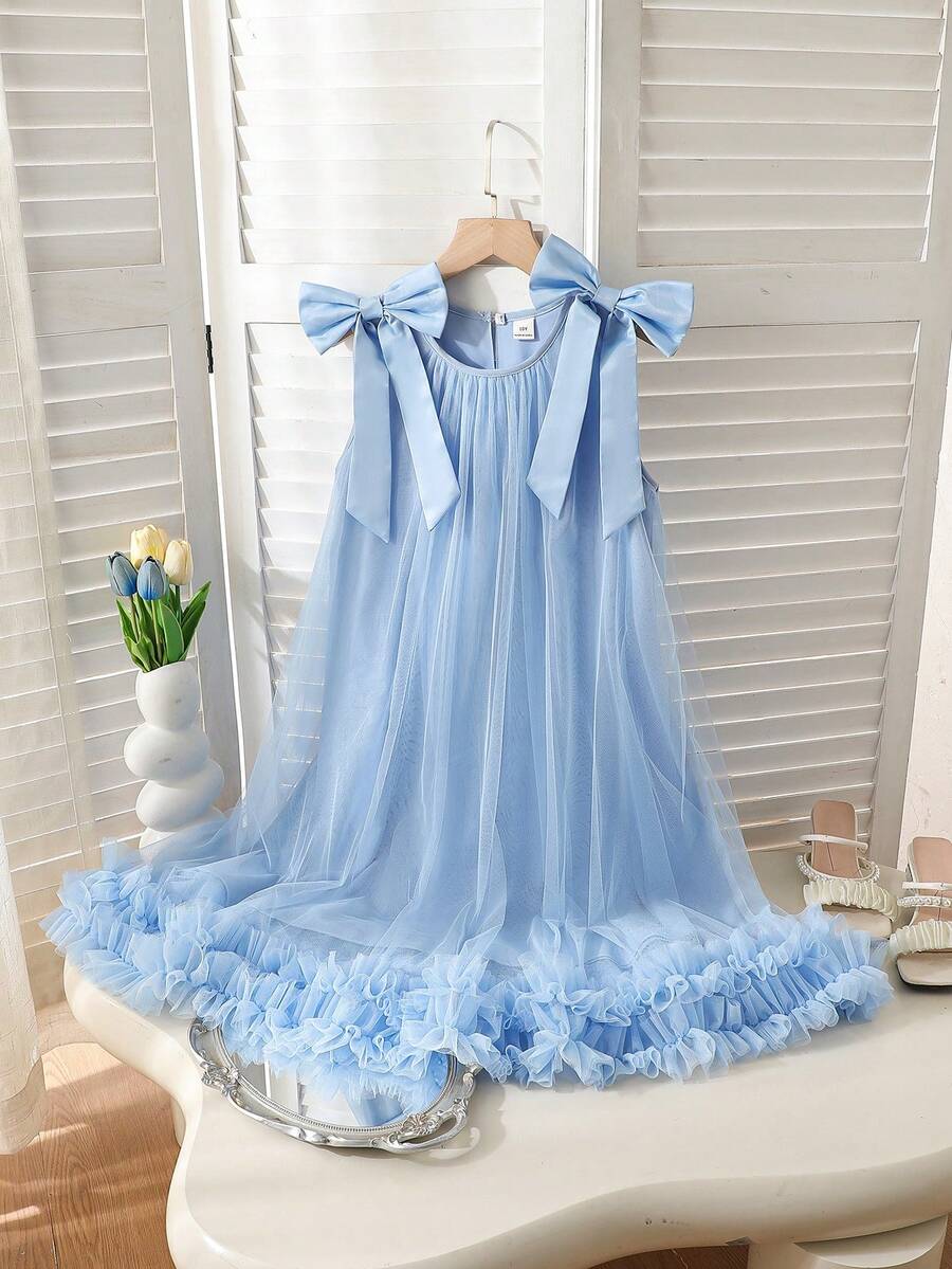 SHEIN 少女优雅公主裙,可爱3D薄纱蓬蓬裙,肩部蝴蝶结装饰,A字无袖连衣裙,适合派对、生日、郊游、表演等场合 - 藍色 - 查看 1