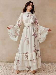 Anewsta Elegant Women's Long Chiffon A-Line Dress With Ruffle Hem And Stand Collar Extra-Long Raglan Sleeves In Apricot Plant Print - Apricot - View 6