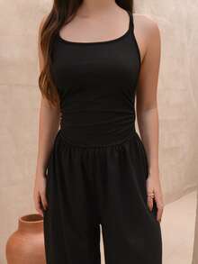 Duda Rubert 女士休闲百褶宽松直筒连体裤，可调节肩带，春夏 - 黑色 - 查看 6