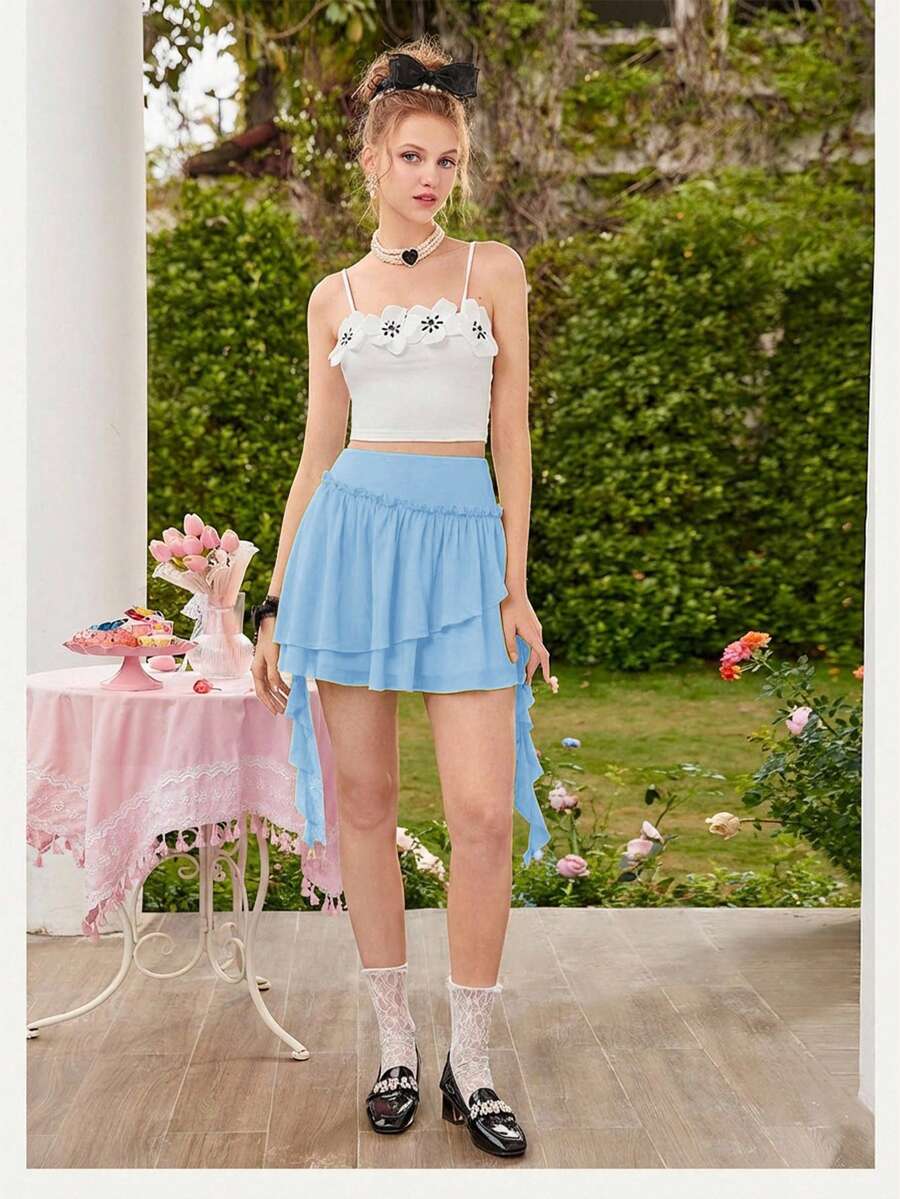 SHEIN MOD Falda asimétrica de gasa con volantes negros para una cita, falda con volantes y dobladillo con volantes, falda de estilo flamenco - Azul - Ver 1