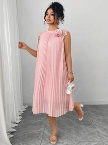 SHEIN Elenzya 大码女式梭织连衣裙，常规款，早春优雅约会/通勤连衣裙，饰有3D立体花朵褶皱细节，莲花粉色圆领 - 藕粉色 - 查看 6