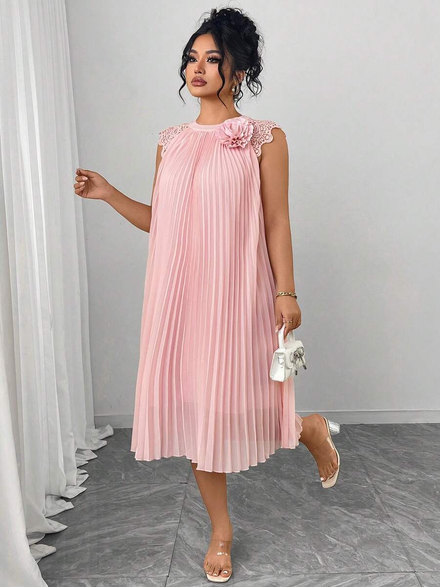 SHEIN Elenzya Đầm dệt kim dáng suông thanh lịch mùa xuân sớm dành cho nữ, thích hợp cho hẹn hò hoặc đi làm, với chi tiết xếp ly hoa 3D, màu hồng sen, cổ tròn. - Bụi hồng - Xem 1