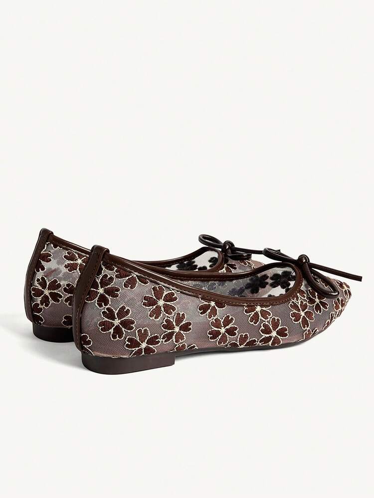 CUCCOO CHICEST Pointed Toe Mesh Breathable Bow Lace Ballet Shoes, Elegant Lady Versatile Flat Shoes In Coffee Color Wedding Shoes Spring Shoes Bride Shoes