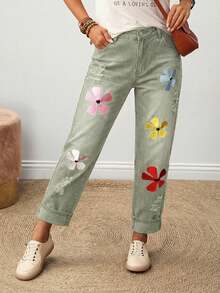 EMERY ROSE Women's Casual Everyday Denim Jeans With Pockets And Floral Print - Green - View 6