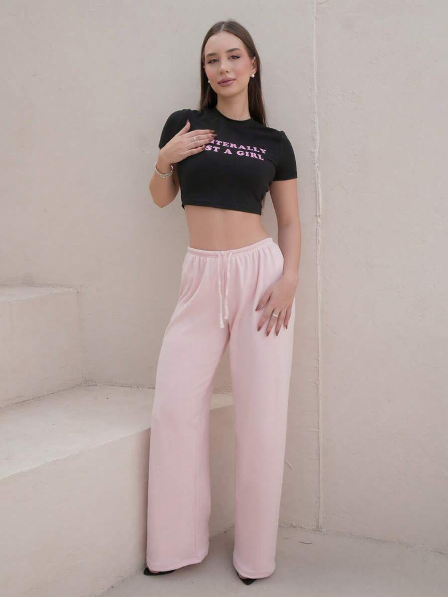Duda Rubert Women's Casual Heart Cartoon Bear Printed Drawstring Waist Long Pants Valentine's Day - Pink - View 1
