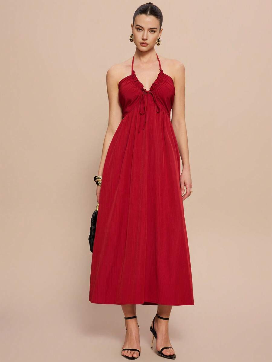 Olia Maree Olia Maree 女士纯色露背系带褶皱优雅约会派对连衣裙 - 紅色 - 查看 1