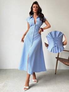 Firerie 女士蓝白条纹泡泡袖A字中长连衣裙，系带衬衫裙，休闲通勤翻领连衣裙，收腰条纹办公中长裙，适合春、夏、秋季，优雅百搭，通勤、约会、工作、返校、教师节、正式场合、商务通勤，简约连衣裙 - 藍白色 - 查看 5