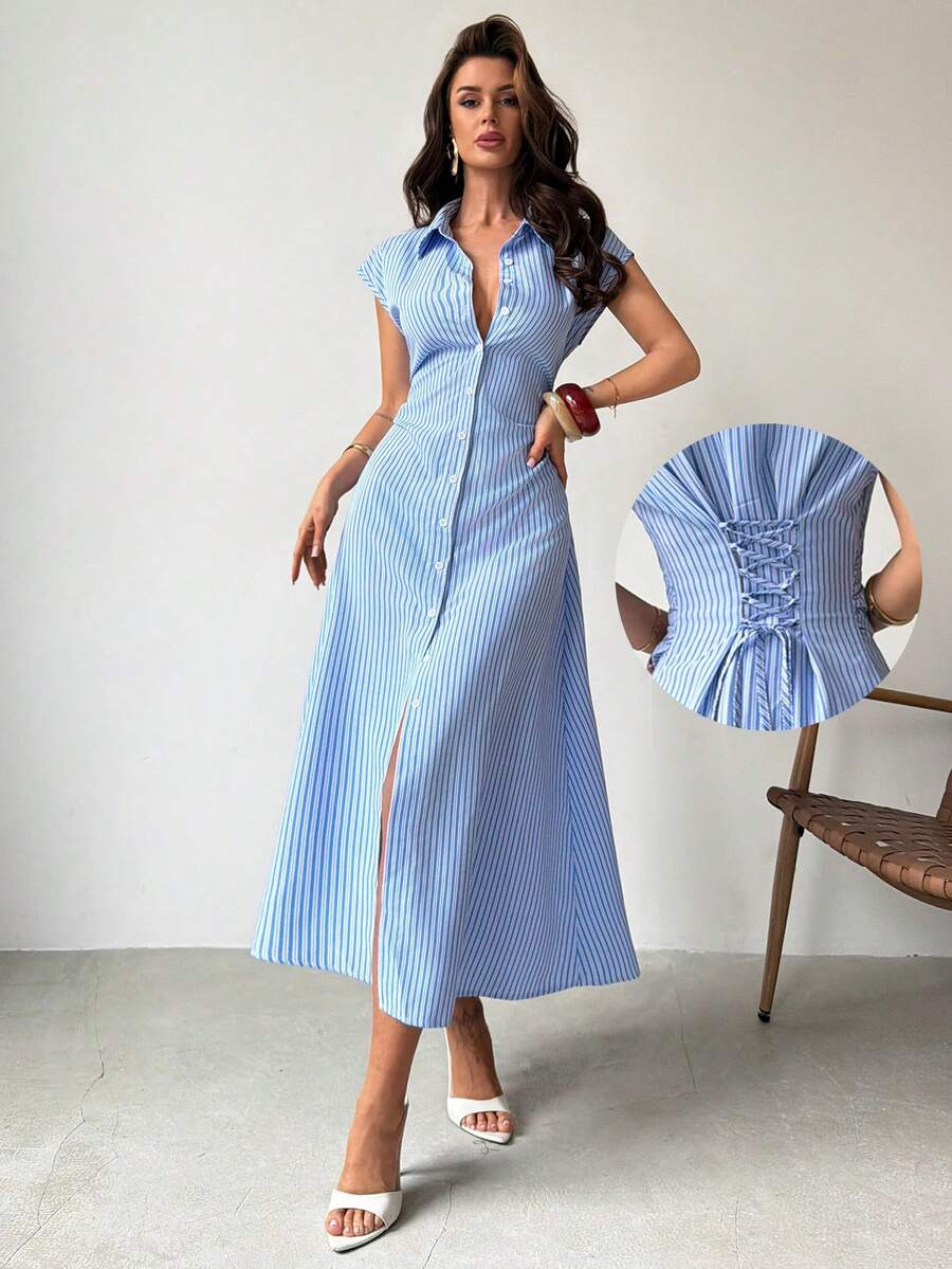 Firerie Đầm midi nữ tay phồng kẻ sọc xanh trắng dáng chữ A, đầm sơ mi thắt eo, đầm công sở cổ bẻ thường ngày, chân váy midi công sở kẻ sọc thắt eo, phù hợp cho mùa xuân, hè, thu, thanh lịch, đi làm, hẹn hò, công sở, tựu trường, ngày Nhà giáo, các dịp trang trọng, đầm công sở tối giản.