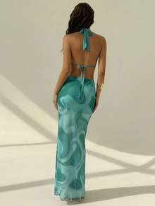 Aloruh 女士扎染露背吊带上衣和半身裙性感两件套，适合约会和度假 - 藍白色 - 查看 3