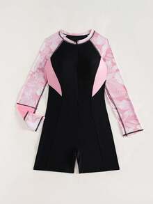 Swim SPRTY Traje de baño ajustado con cuello alto y bloques de color para mujer, adecuado para vacaciones y protección solar diaria - Rosa - Ver 4