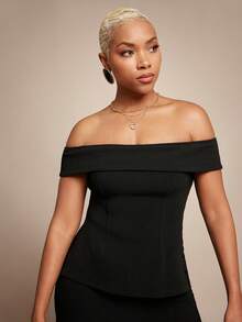 Vixey Textured Knit Off Shoulder Seam Detail Side Slit Top - Black - View 4