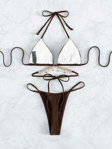 Swim SXY 纯色链条装饰比基尼套装，度假沙滩装 - 咖啡棕 - 查看 2