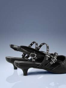 CUCCOO GRLICON Yellow Rhombus Pointed Metal Double Buckle With Kitten Heel Women's Shoes - Black - View 4