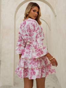 Sandy Gomes 女士时尚休闲优雅浪漫度假印花纽扣连衣裙 - 粉色 - 查看 2