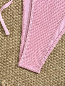 Bonvoyette 夏季新款欧美性感吊带系带甜美少女坦克比基尼泳衣，小胸显瘦纯色杏色网纱面料，简约性感风格，3D珍珠海星钩编配饰三角袋，海滩度假蜜月休闲泳装比基尼 - 粉色 - 查看 6