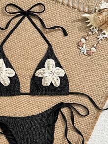 Bonvoyette 夏季新款欧美性感吊带系带甜美少女分叉泳衣，小胸显瘦纯色杏色网纱面料性感时尚比基尼，配3D珍珠海星钩编配饰，适合海滩、度假村、水疗中心、蜜月旅行、休闲度假等场合。 - 藏蓝色 - 查看 4