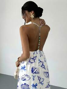 Firerie Women's New V-Neck Backless Beaded Strap Maxi Dress With Blue & White Shell Pattern, Casual Vacation Long Dress, Backless Beaded Design, Loose A-Line Maxi Dress, Spring/Summer Clothing, Casual, Boho, Vacation, Bohemian, Beach, Hawaii - Blue and White - View 6