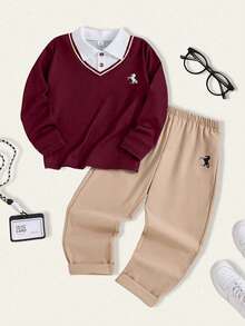 Casuvi Kids 2pcs/Set Older Boys' Navy Polo Collar 2 In 1 Embroidered Striped Preppy Style Top And Khaki Straight Leg Pants Set, Suitable For Daily, Retro Campus, Sports Streetwear, Back To School Outfit, Spring & Autumn Boys Casual Sets Boys Brown 2 Piece Set Casual Two Piece Set - Burgundy - View 8