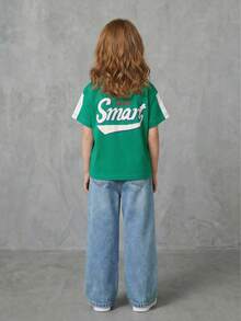SHEIN Casuvi Kids 儿童女童休闲短款T恤，撞色条纹宽松落肩复古字母图案T恤，甜美可爱日常穿搭，夏季新品 - 墨綠色 - 查看 2