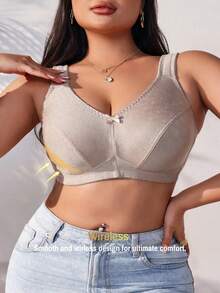 1 pieza Sujetador inalámbrico elegante y cómodo de talla grande para mujer, con decoración de lazo, de tela jacquard suave y ajustable - Albaricoque - Ver 7