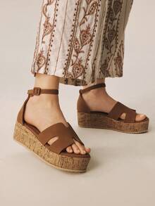 Styleloop 女士时尚经典棕色仿木坡跟厚底凉鞋，舒适圆头粗跟凉鞋，适合休闲、度假、海滩、通勤、波西米亚风、复古美式、音乐节和派对装扮 - 棕色 - 查看 2