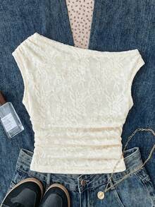 SHEIN Tween Girls Elegant Casual Ivory Lace Casual Minimalist Asymmetric Ruched Cropped Top, Suitable For Spring/Summer, Casual, Daily Wear - White - View 2