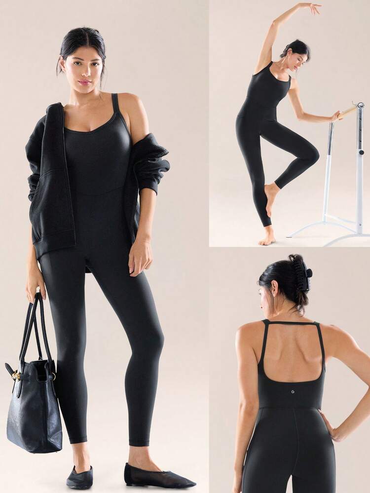 24" FeatherFit™-Air Feel Good Moves Buttery-Soft Stretchy Sweat-Wicking Removable Cups Side Pockets Open-Back Bodysuit Low Impact Yoga Pilates Gym Studio Daily Casual Wear