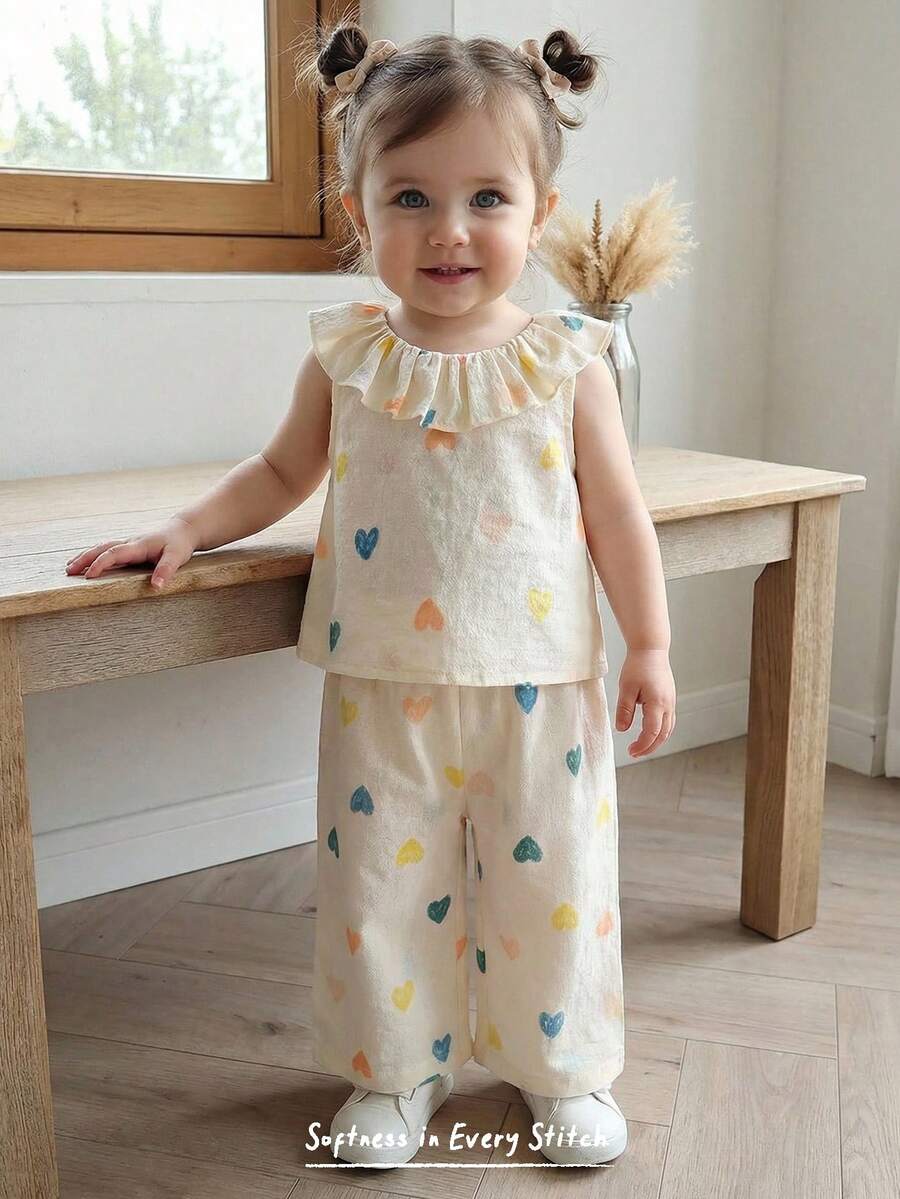 Cozy Pixies 2件套女婴爱心图案无袖圆领上衣和松紧腰裤套装 - 彩色 - 查看 1