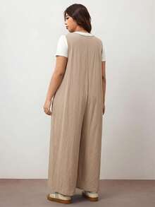 Enliva Jumpsuit Wanita Ukuran Besar dengan Kaki Lebar, Tali Depan dan Saku, Longgar, Cocok untuk Bentuk Tubuh Apel Bulat/2026/Tahun Baru - Khaki - View 3