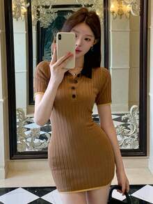 DAZY Spring & Summer Contrast Color Splicing Collegiate Style Back To School Valentine's Day Fitted Mini Elegant Knit Dress - Camel - View 10