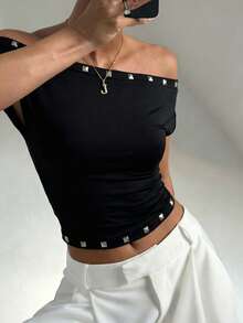 Avenya 女士铆钉装饰不对称肩部时尚T恤 - 黑色 - 查看 3