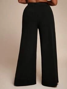 Vixey Textured Knit High Elastic Waistband Seam Detail Wide Leg Pants - Black - View 5