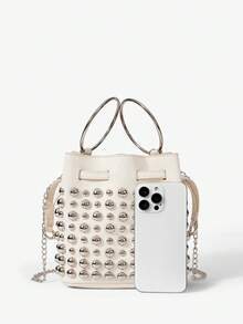 Viva Strut 女士手提包、单肩包、流浪包，时尚、个性、简约、百搭、街头风，甜美酷女孩、辣妹、Y2K、复古、铆钉、经典款，适合约会、日常、购物 - 白色 - 查看 6