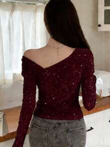 DAZY Women's Sequin Embellished Asymmetrical Shoulder Top, Party Style, Spring/Autumn - Burgundy - View 4