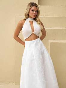 Sandy Gomes 提花纯色高腰斜口袋喇叭裙 - 白色 - 查看 3